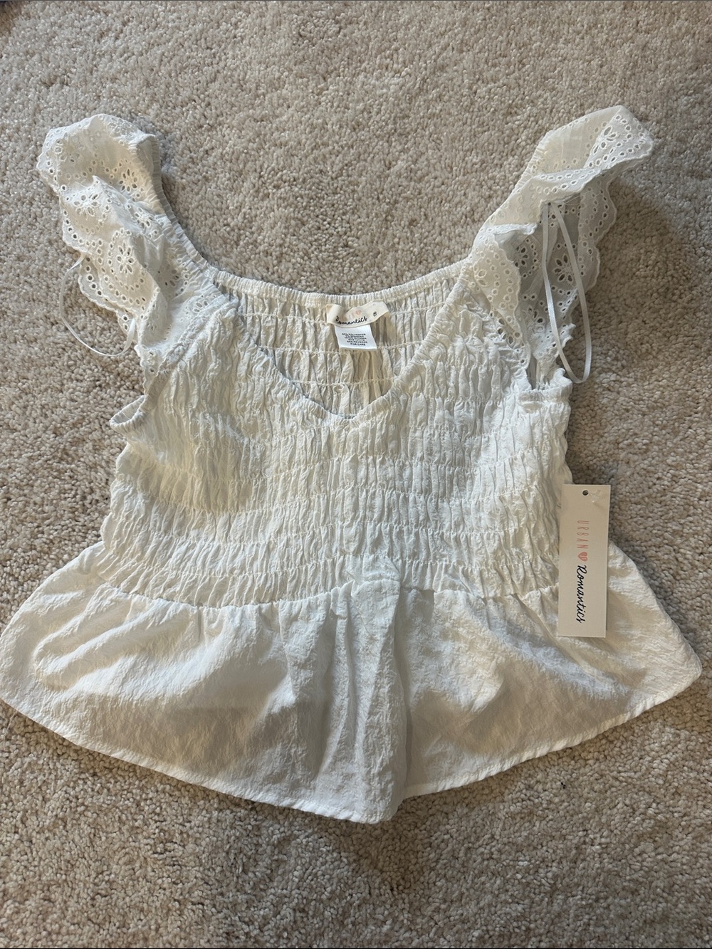 URBAN Romantics White Eyelet Smocked Peplum Crop Top